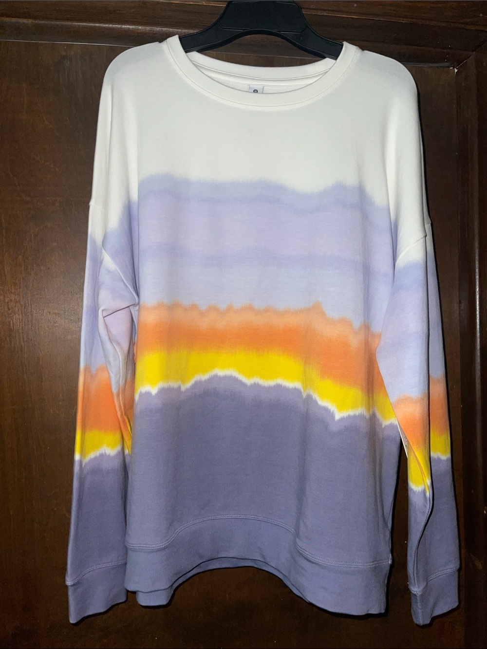 Athleta Tie-Dye Gradient Crewneck Sweatshirt in Lavender, Yellow & Orange